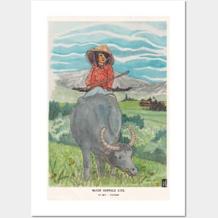 Girl Rides On Water Buffalo Vietnam Countryside Posters and Art